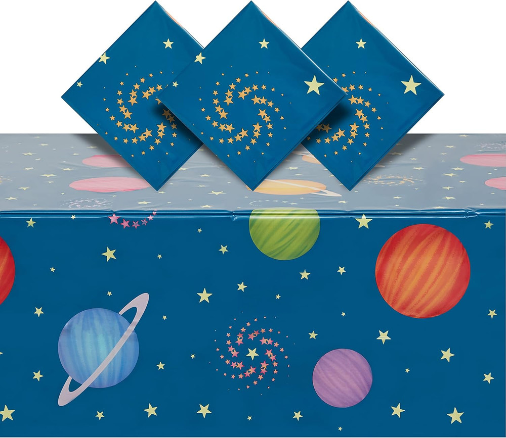 3 Pack Plastic Outer Space Tablecloths, Disposable Planets Table Covers for Gala