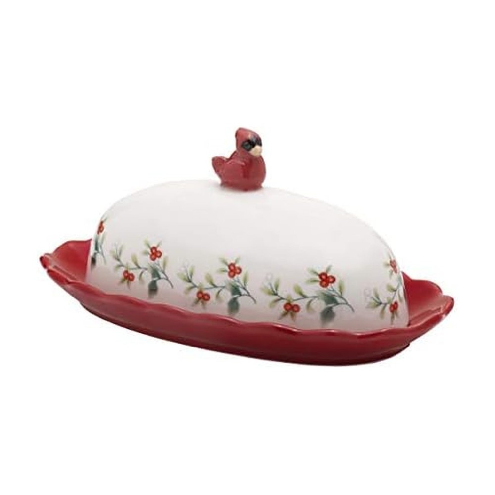 Winterberry Cardinal Butter Dish  Elegant Ceramic Kitchen Accessory