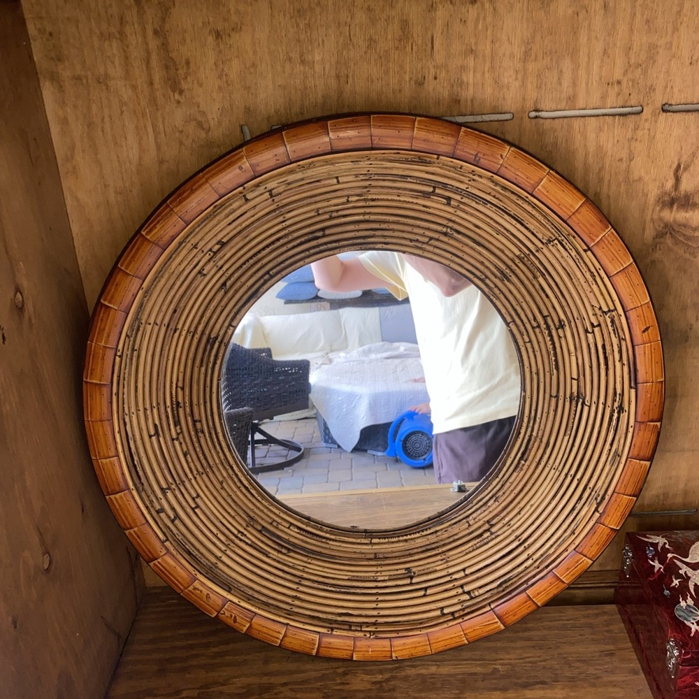 Vintage Bamboo Frame Rattan "Wall Mirror 24” Diameter