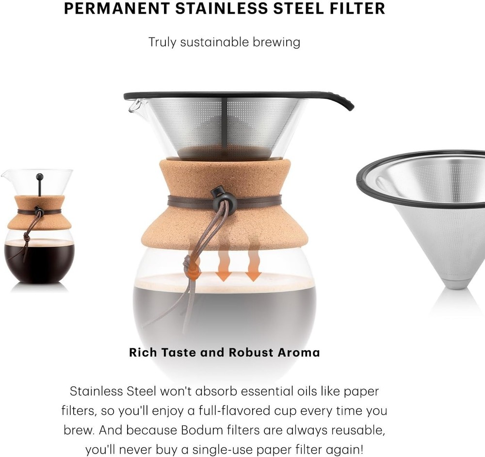 34oz Pour Over Coffee Maker - Elegant Borosilicate Glass & Permanent Filter