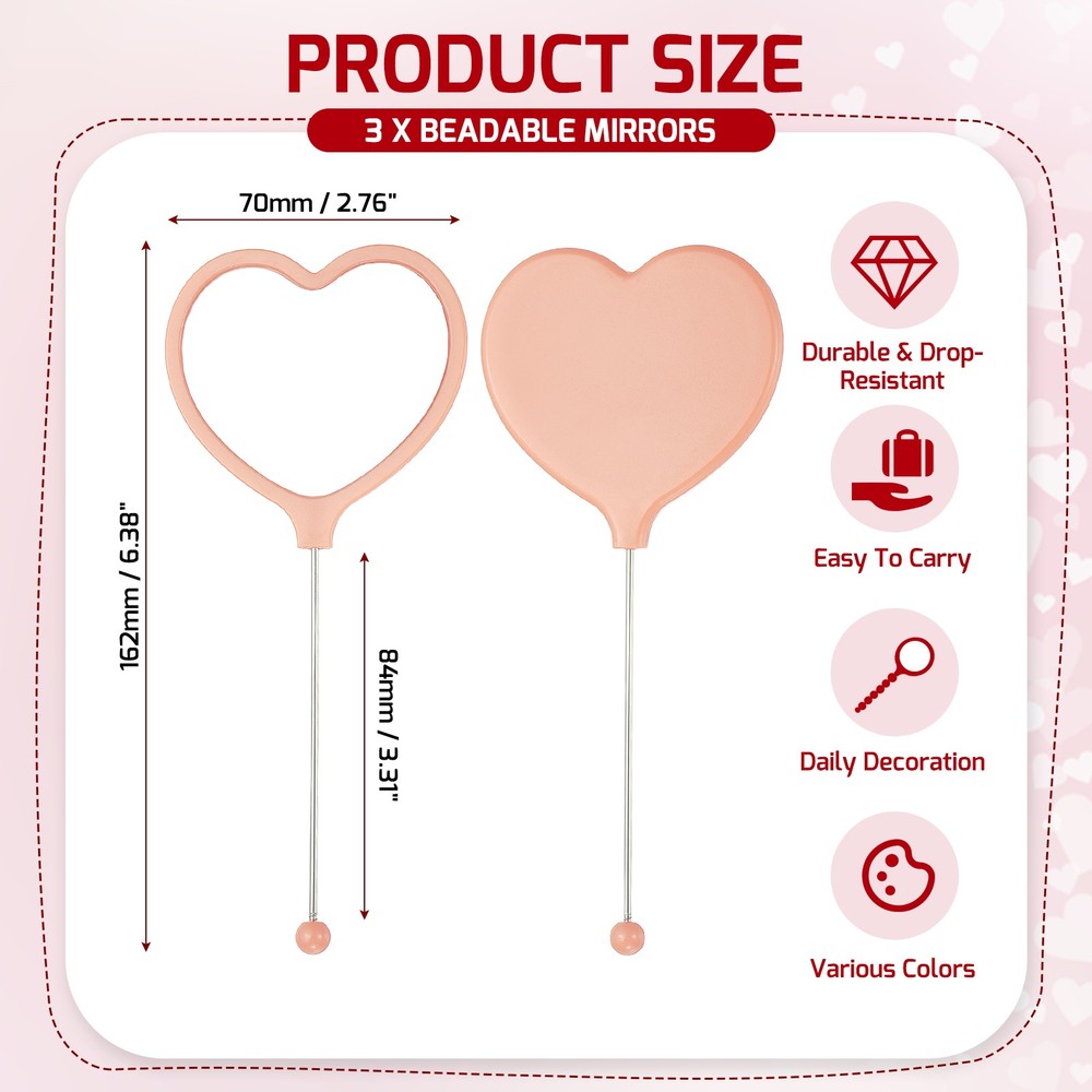 3 Pcs Beadable Mirrors with Handle 6.4" Heart Shape Bead Mirror Bars Light Beige