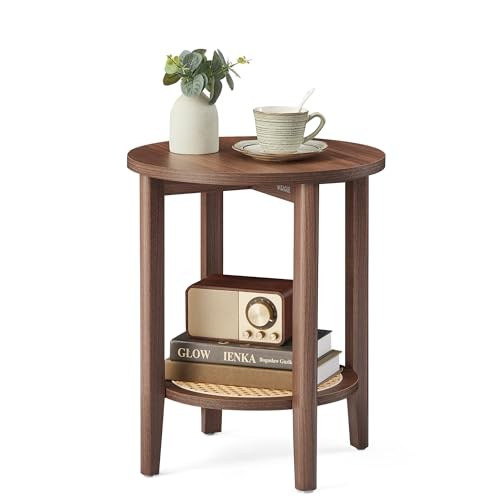 Round Side End Table, 2-Tier Bedside 15.8"Dia. x 21.9"H Black Walnut Boho