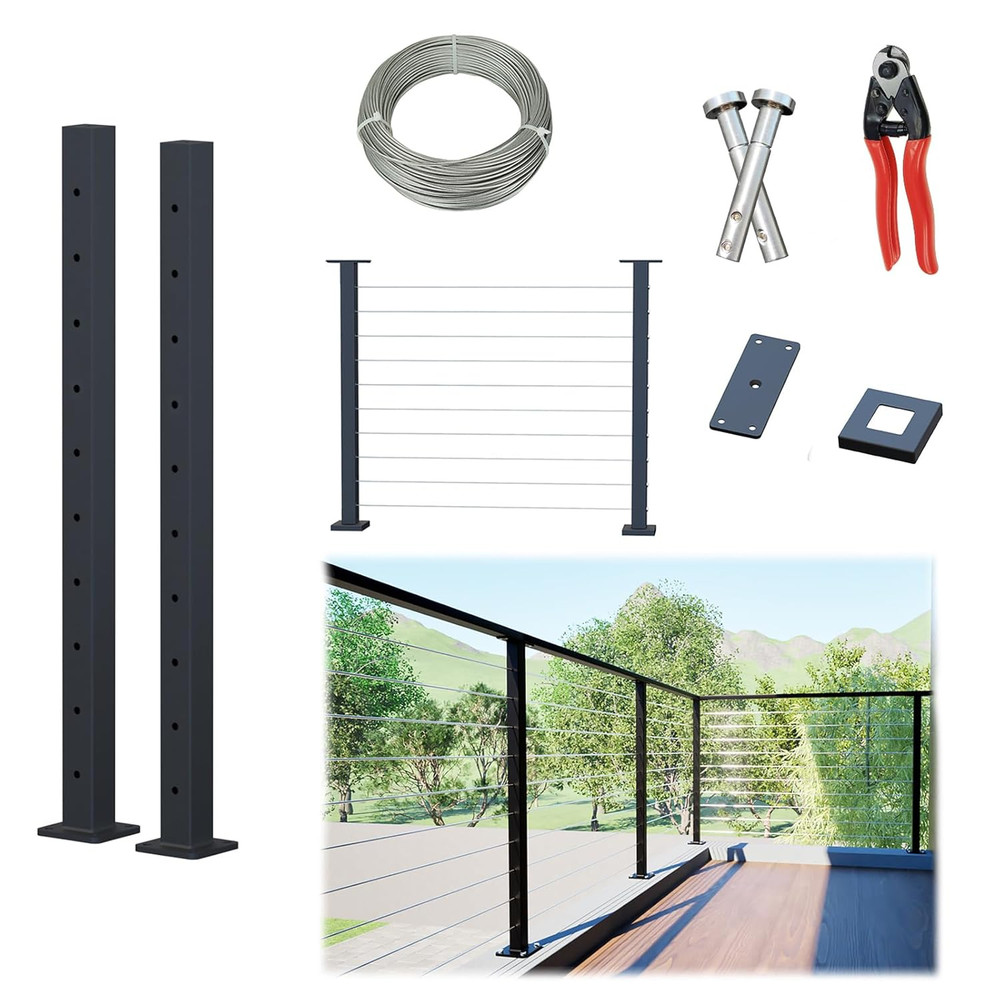 5-10FT Deck Cable Railing Kit, 2 Pack 36" Level Post with 150FT Cable, Swageless