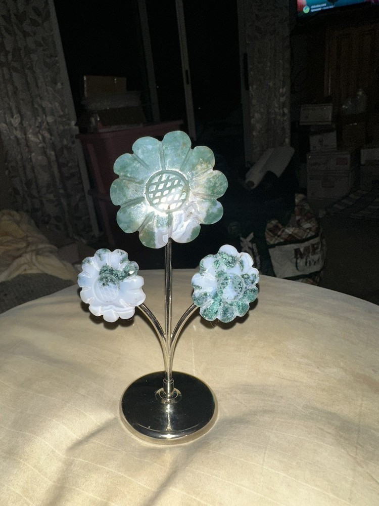 Moss Agate Crystal Carving 3 Stem Flower Bunch