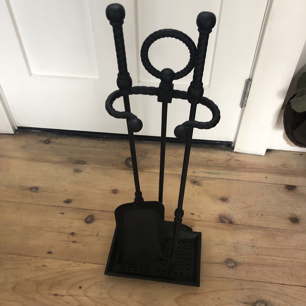 Antique Cast Iron Fireplace Tool Holder 25” Tall  W/ 2 Tools
