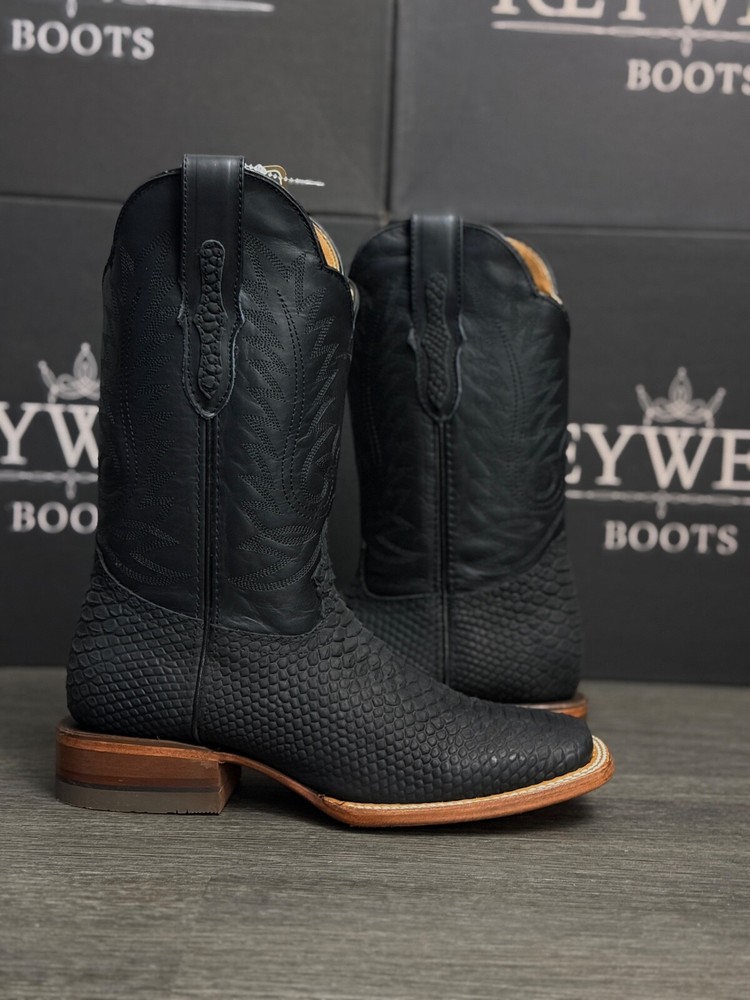 MEN'S REYWELT RODEO WESTERN VAQUERAS PYTHON PRINT BLACK MATE COWBOY BOOTS