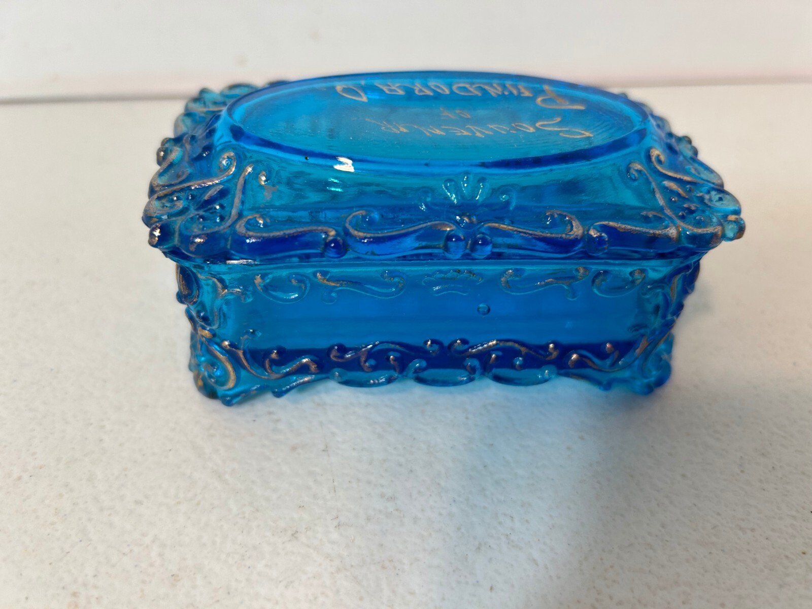 Vintage Blue Glass Trinket Box Souvenir Pandora Ohio