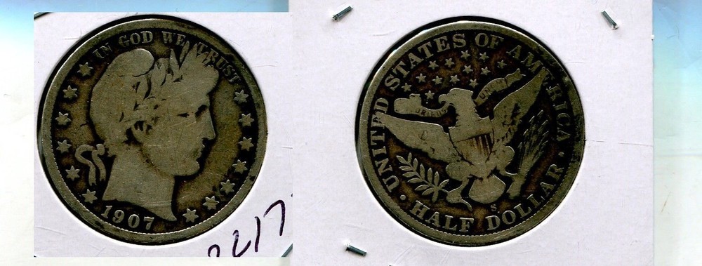 1907 S BARBER SILVER HALF DOLLAR VG 8217T