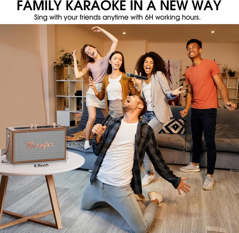 Retro Karaoke Machine - Two Wireless Microphones Portable Bluetooth Rechargeable