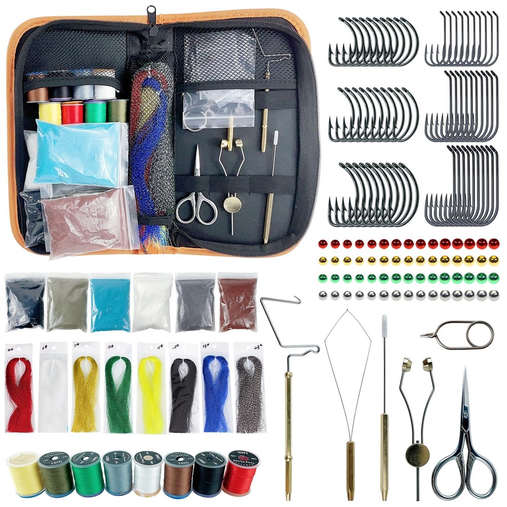 Fly Tying Kit Material Tools Kit Bobbin Fly Hooks Scissors Fly Beads Threader...