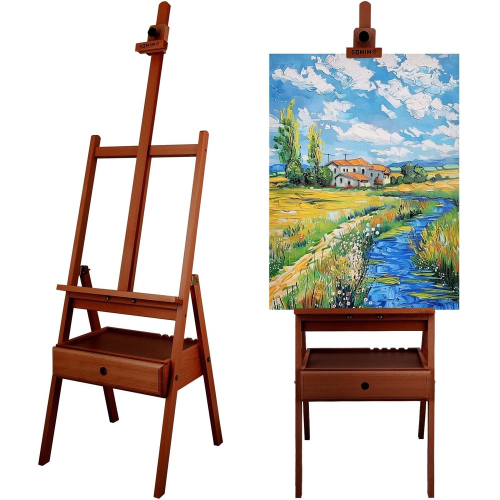 Large Wooden H-Frame Studio Easel, Solid Beechwood Easel Stand with Storage D...