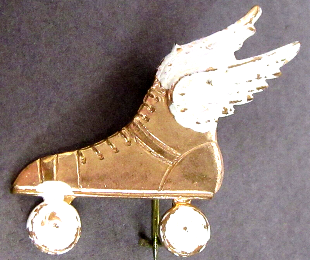 1930's WINGED ROLLER SKATE figural brass pinback button brooch ^