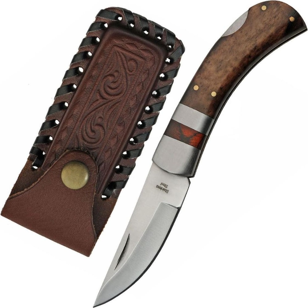Pocket Knife | 3in Folding Blade Brown Bone Handle Lockback + Leather Sheath