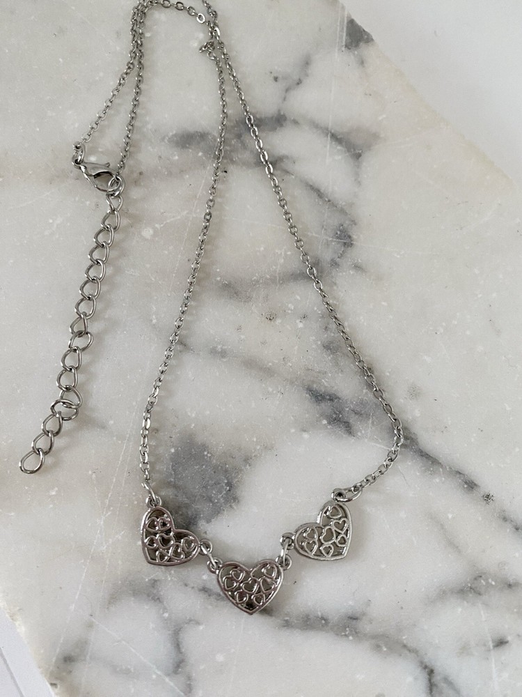 Vintage Silver tone Triple Hearts Necklace
