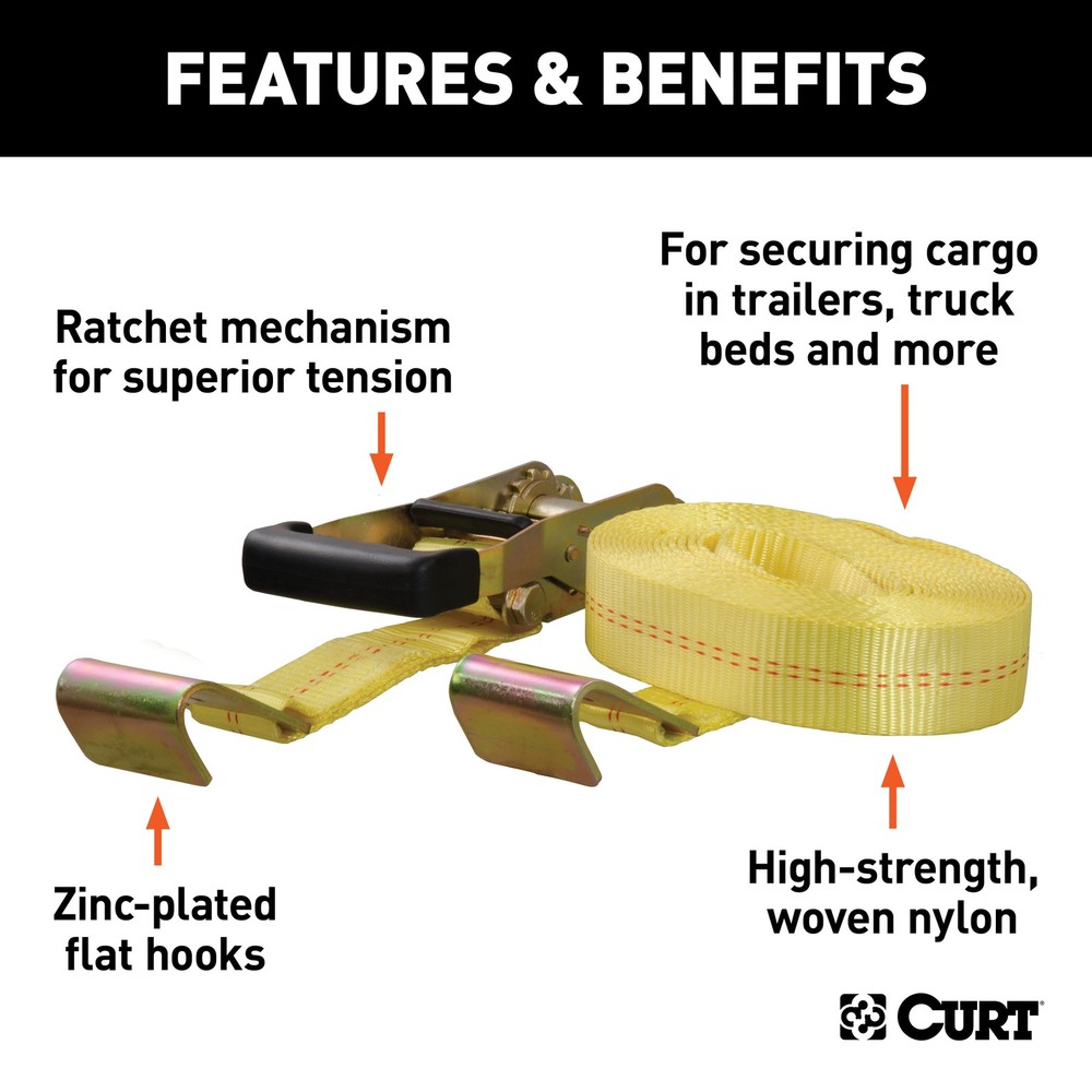 Curt-27' Yellow Cargo Strap with Flat Hooks (3,333 lbs.)