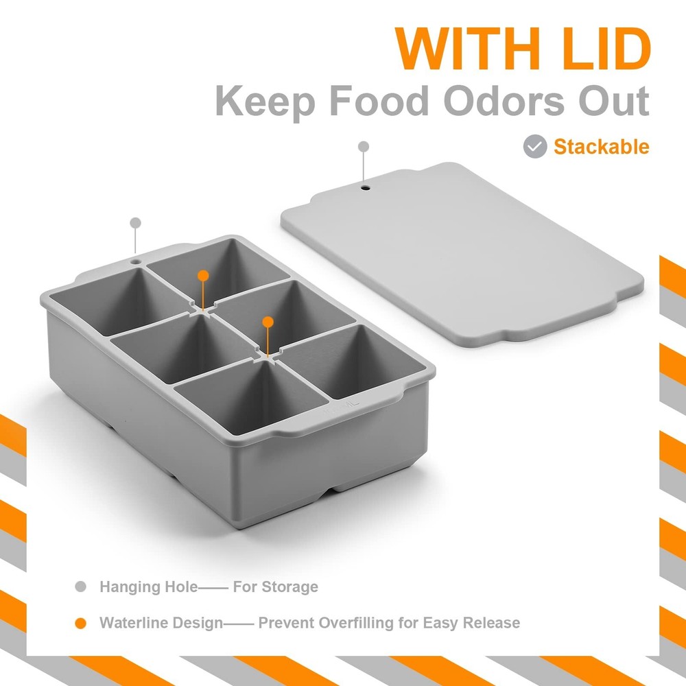 Nax Caki Large Ice Cube Tray with Lid, Stackable Big Silicone Square Ice Cube...