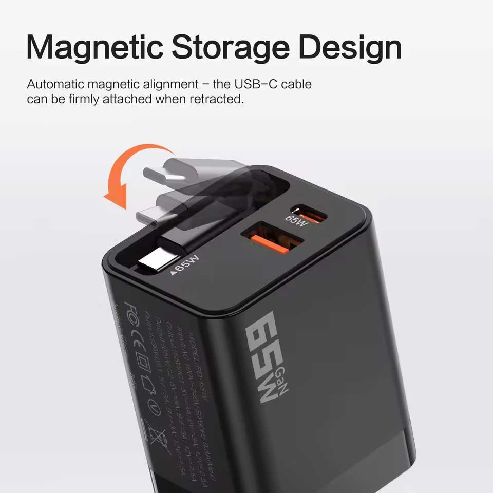 65W PD Home Charger Fast Type-C 2ft Retractable Cable USB-C for Tablets