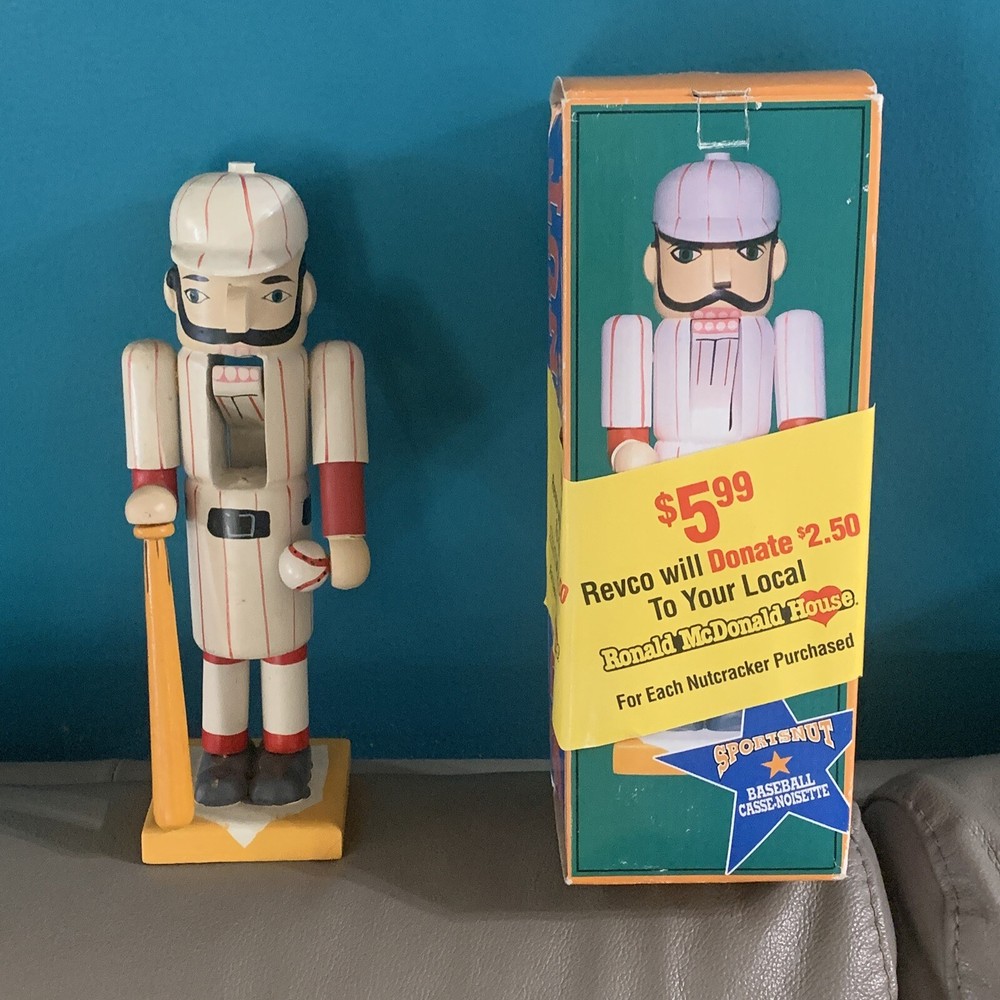 Wooden  Baseball Player 10.5” Nutcracker White & Red Bat