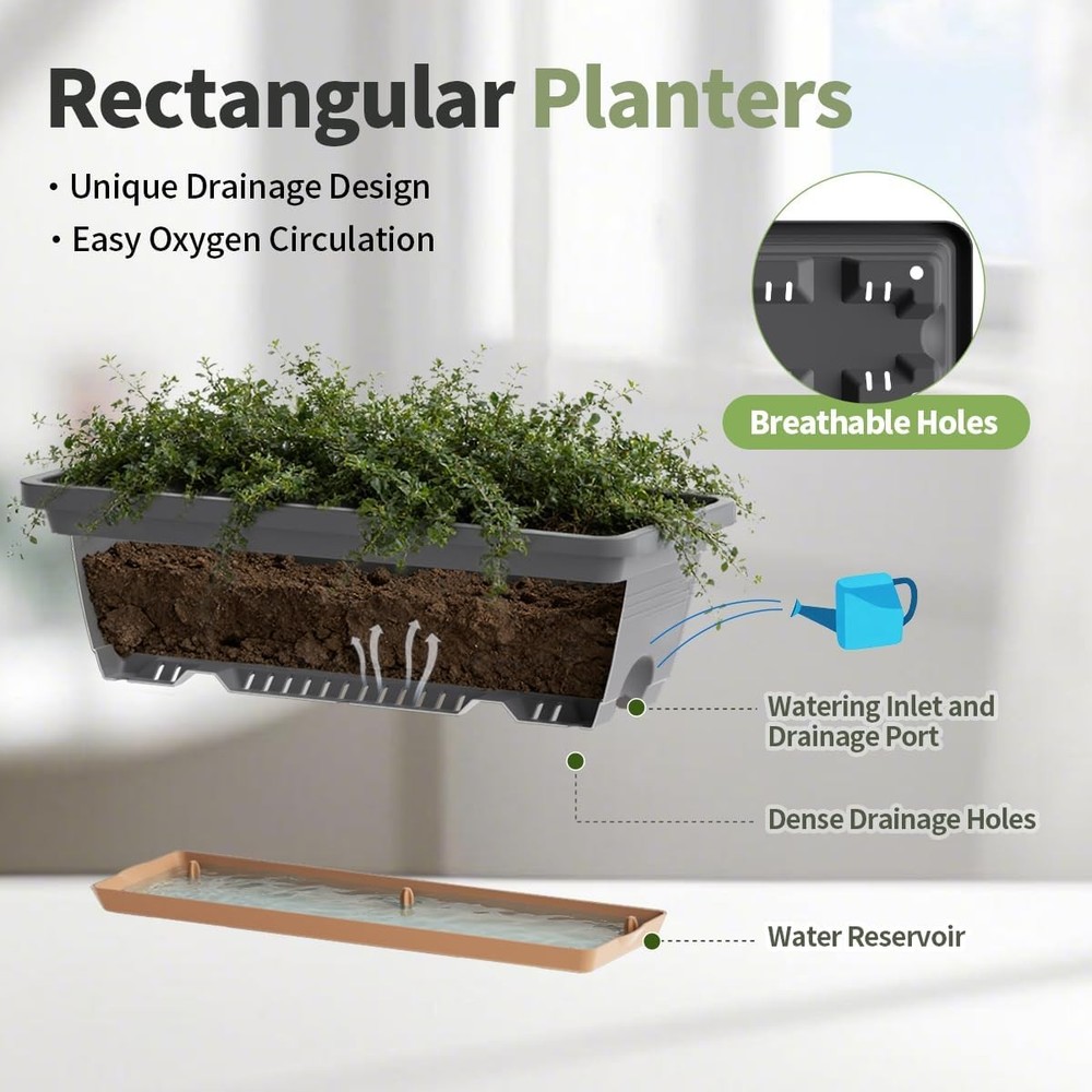 Window Box Planter 6 Pack Plastic Vegetable Flower Window Planters Boxes 16