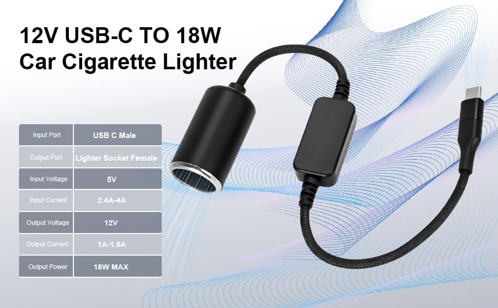 WYMECT USB C to 12V Adapter, C Cigarette Lighter Adapter black