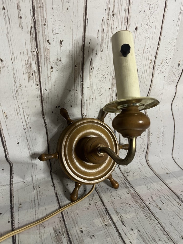 Antique Nautical Wood Ship Wheel Wall Sconce Light