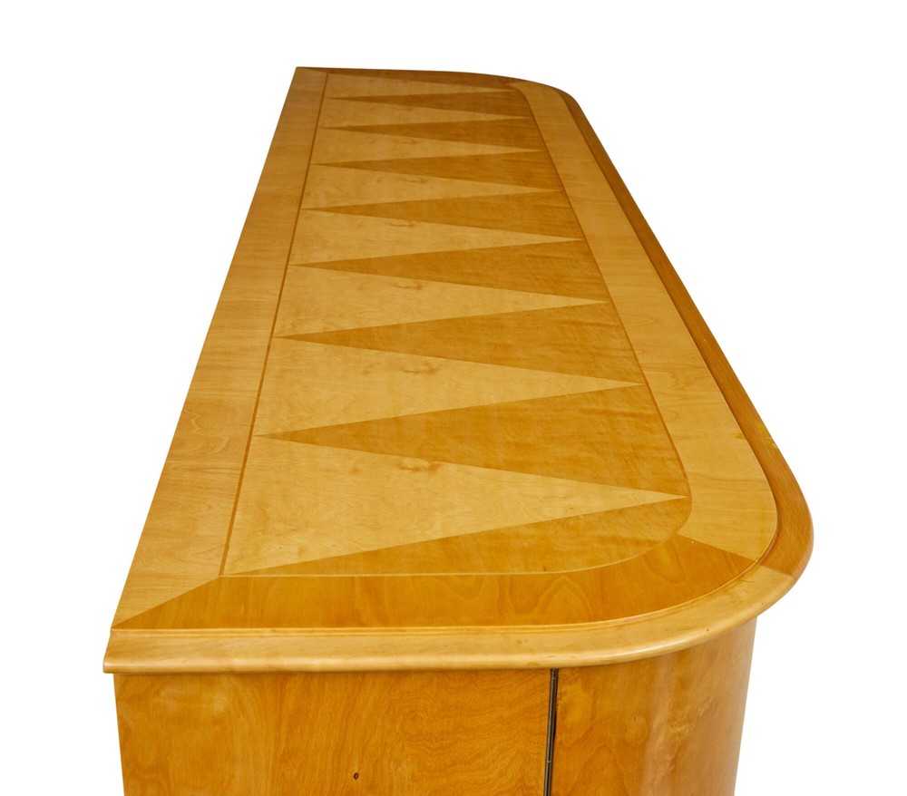 MID CENTURY SCANDINAVIAN BIRCH INLAID SHAPED SIDEBOARD