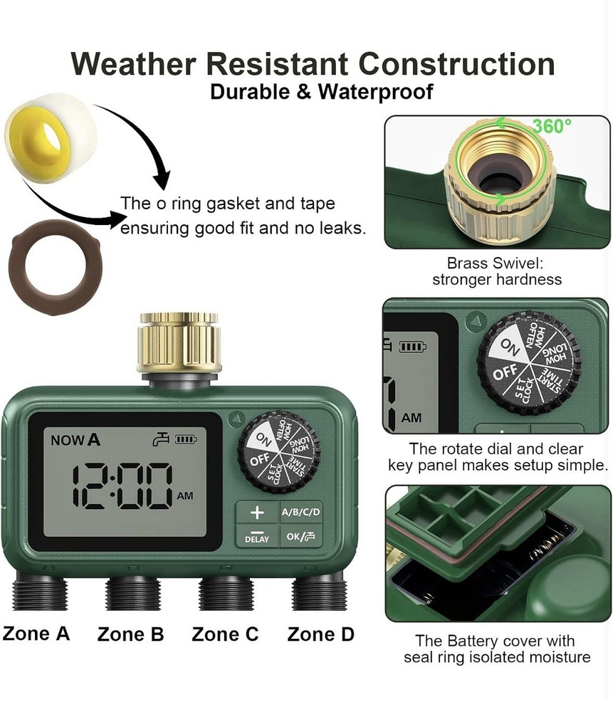 4 Outlet Sprinkler Timer Brass, Programmable Garden Hose Timer with Rain Delay,