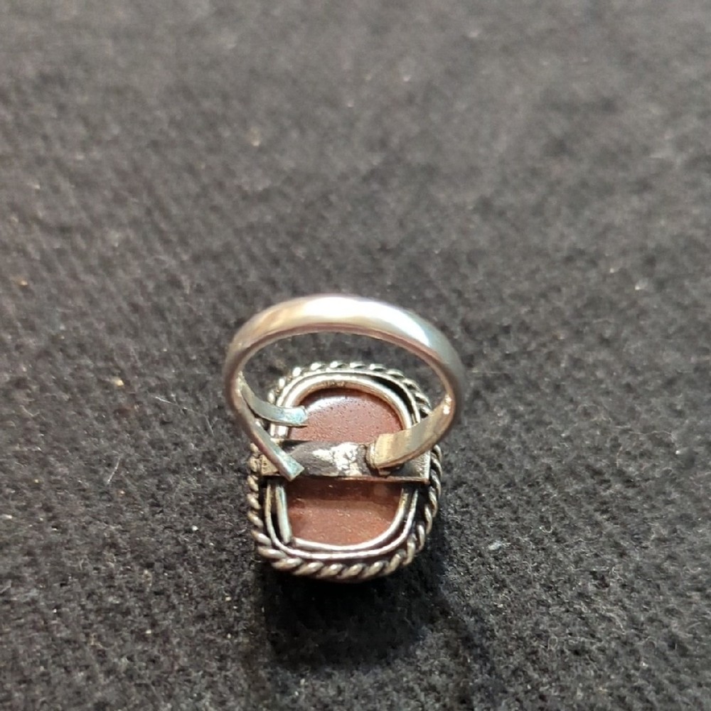 Silver Plated Brown Peanut Jasper Gemstone Rectangular Statement Ring - size 5-7