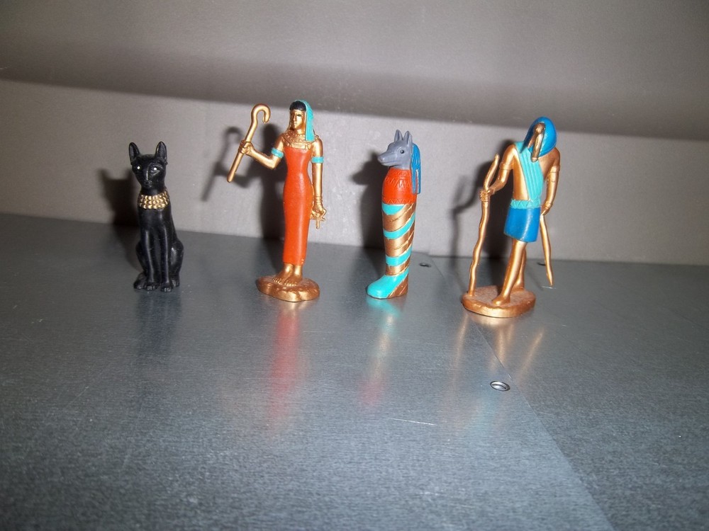 4 Multicolored Egyptian Figures: Anubis, Bastet, Thoth, and Isis