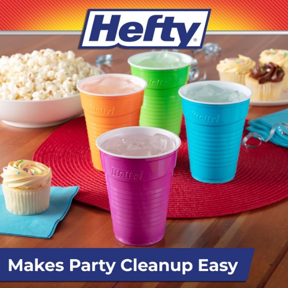 Hefty Party On Disposable Plastic Cups, Assorted, 16 Ounce, 100 Count New