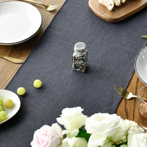 Tassel Table Runner, Linen Blend Rustic 13" x 48", Table Runner Graphite Grey