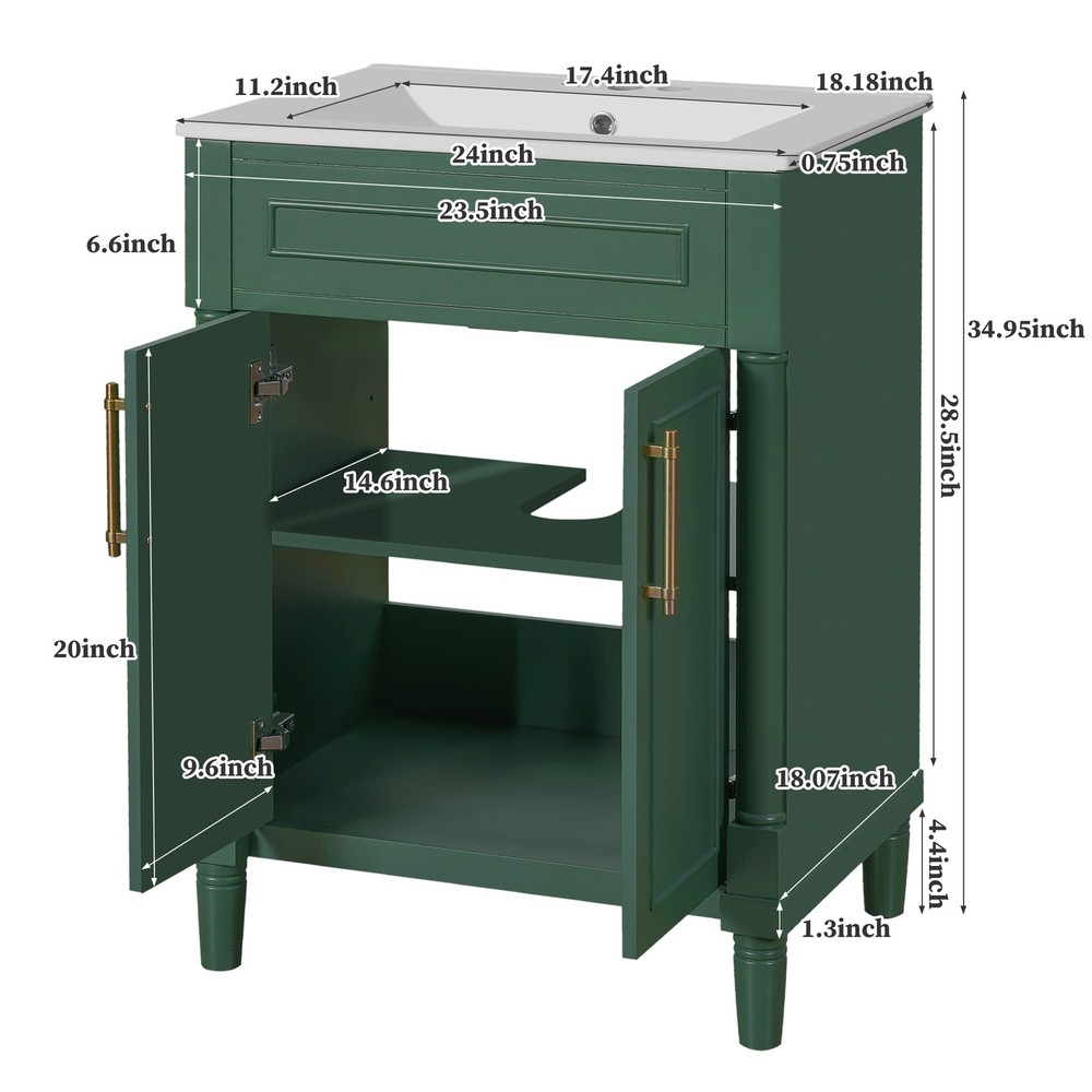 24 in Small Bathroom Vanity w/ Ceramic Sink & 2 Doors, Solid Wood&MDF, Green