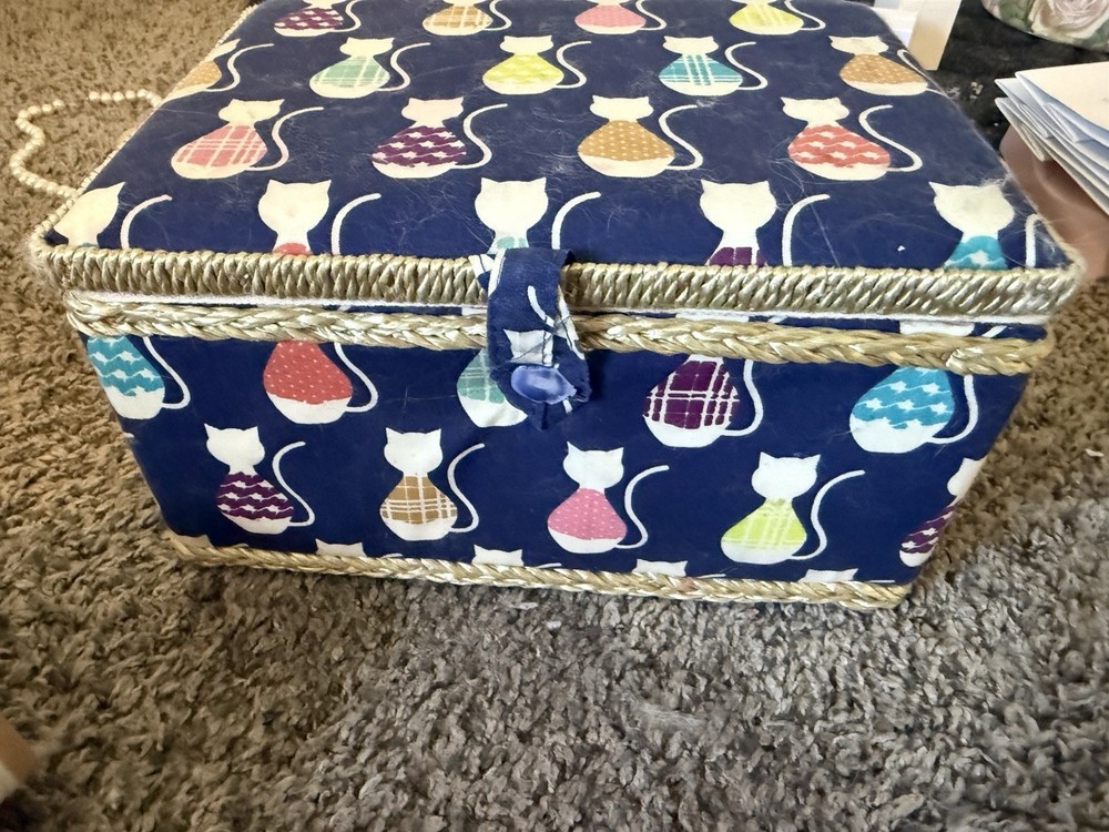 Cat Pattern Sewing Basket, Blue Multicolor Fabric Covered, Red Interior
