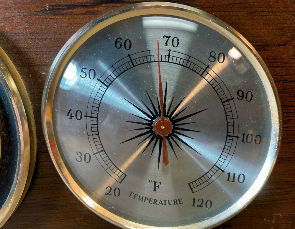 Tabletop Weather Station featuring three analog gauges in a solid wood case
