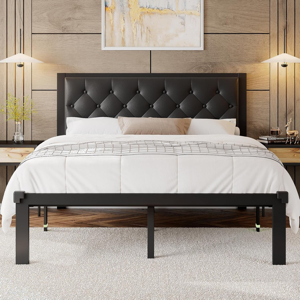 Queen Size Metal Bed Frame, Platform Bed Frame with Button Tufted Faux Leather H