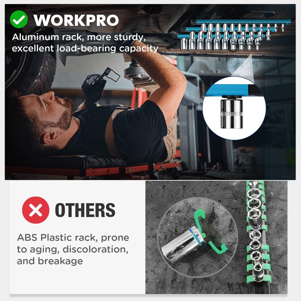 WORKPRO Magnetic Socket Organizer 3/8-Inch Dr Aluminum Alloy Socket Rail Holders
