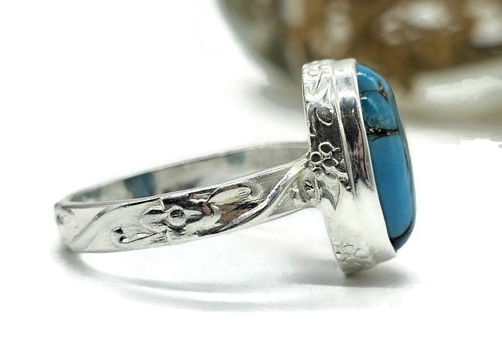 Blue Turquoise Ring, Size Q, Sterling Silver, Oval Shape, Copper Turquoise