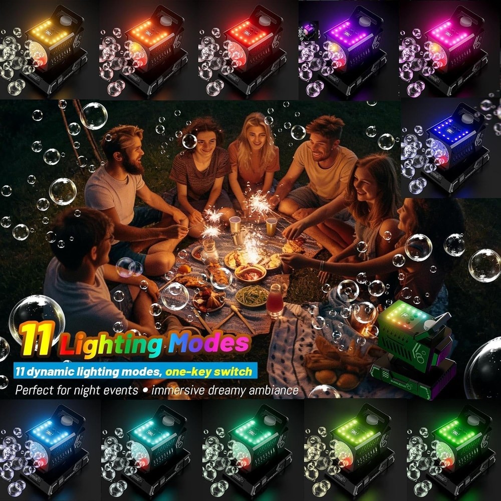 Upgraded bubble machine with remote control and automatic rotation RGB lights
