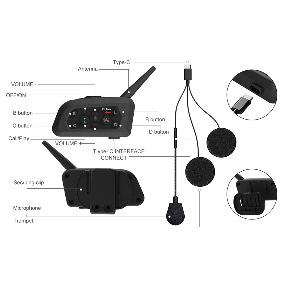 A pair V6 Pro Motorcycle Helmet Bluetooth Headset 6 Riders Communication System