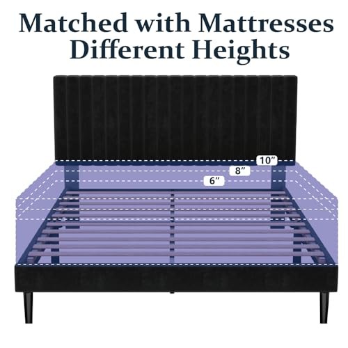 Size Platform Bed Frame with Velvet Upholstered Headboard Bed Frame Full Black