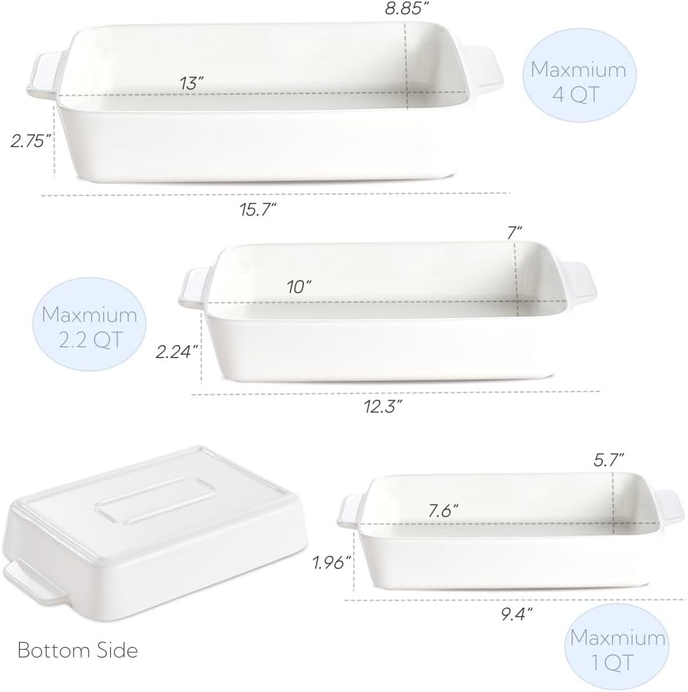 Ceramic Bakeware Set, Rectangular Porcelain Baking Dishes for Kitchen, White