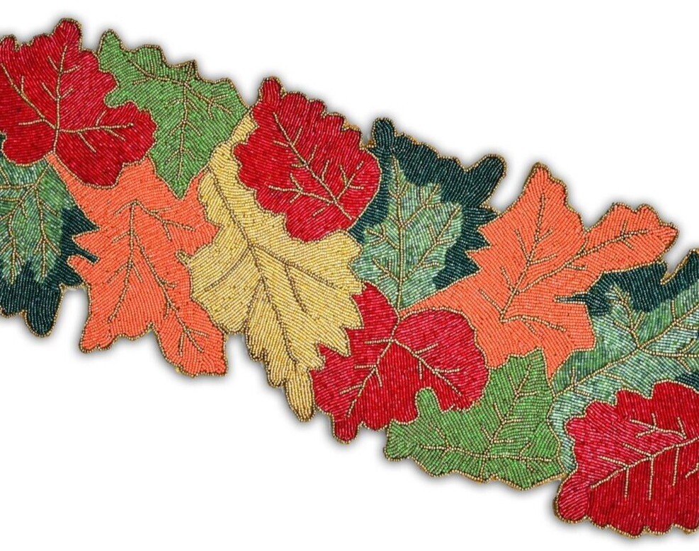 Multicolor Leaves Table Runner Beaded Fall Table Runner Autumn Tableware 13X36In