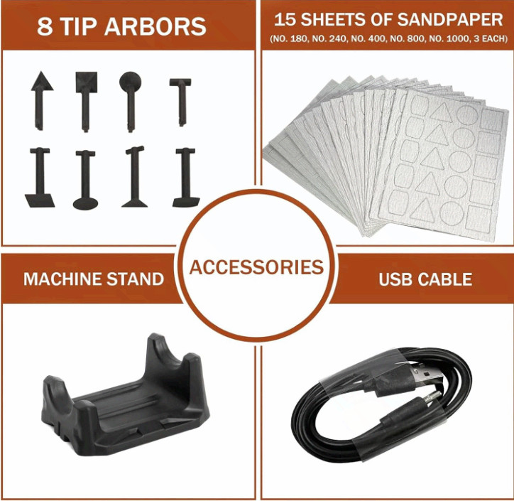 Cordless pen sander, variable speed, USB charge, LED, multi-purpose tool