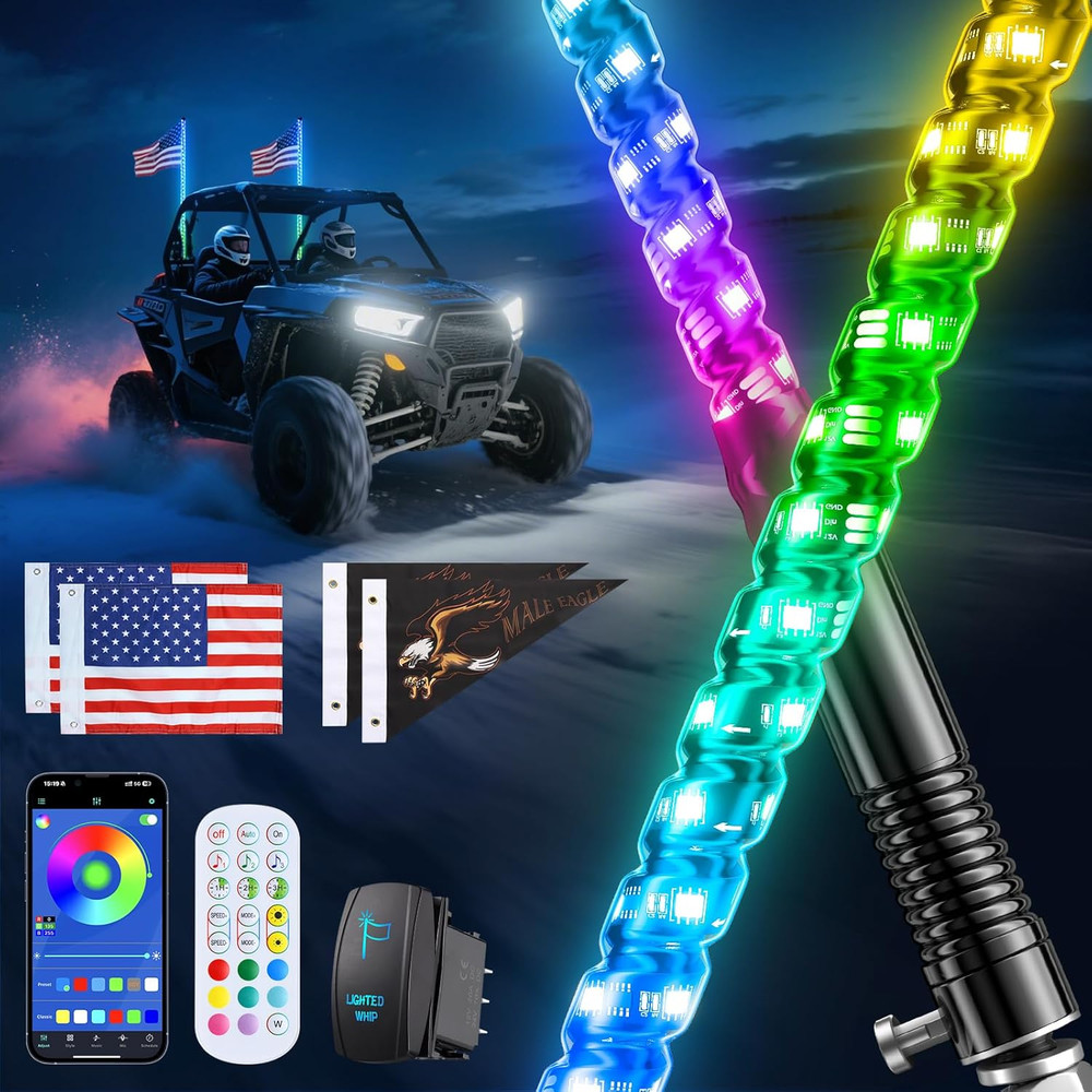 2 PCS 3FT Whip Lights with Spring Base, APP & Remote Control Led Whip Lights for