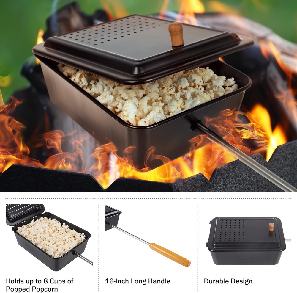 Campfire - Popcorn Maker with Non-Stick Coating and Extended Handle (Black)