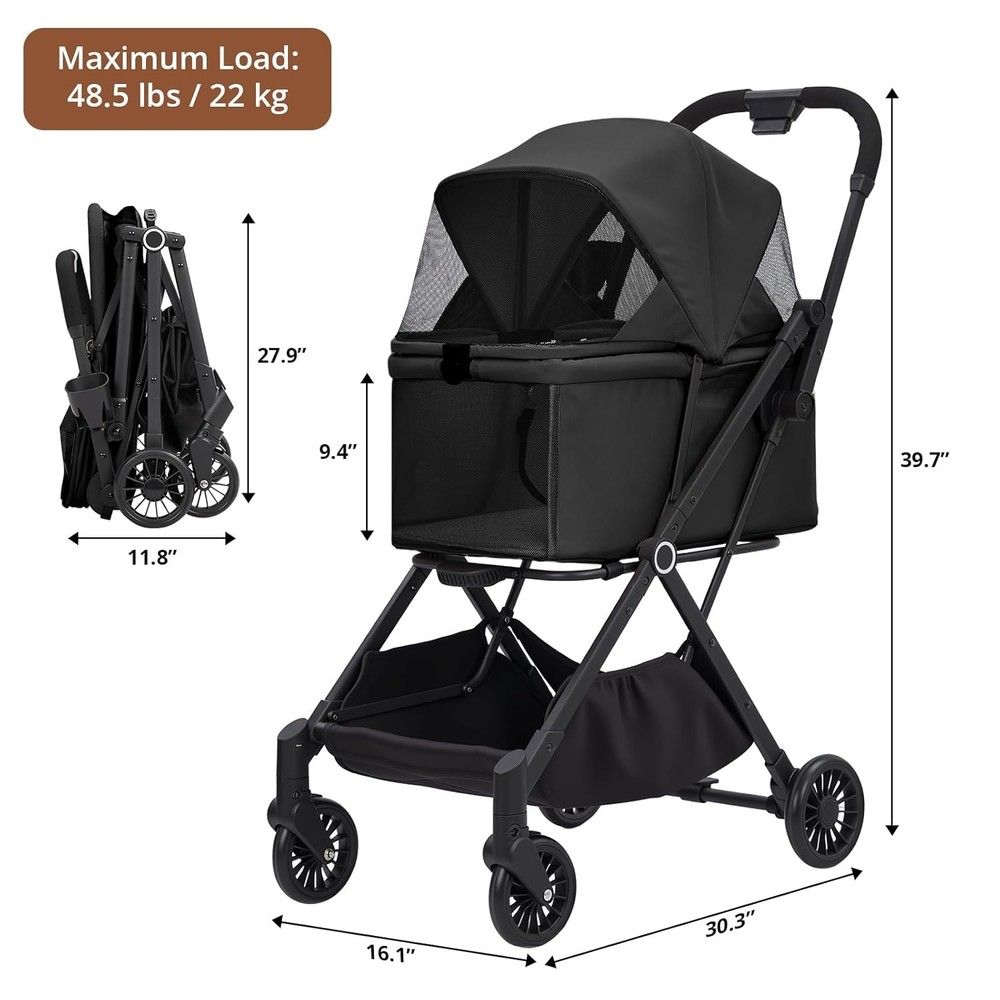 Dog Stroller 4-Wheel Lightweight Foldable Portable Carrier for Small/Medium Pets