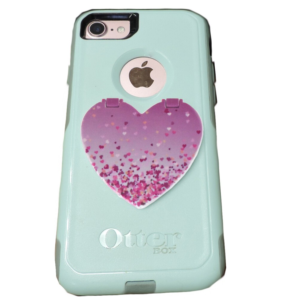 Universal Cellphone Kick Stand Holder Make-up Mirror Compact Heart PINK