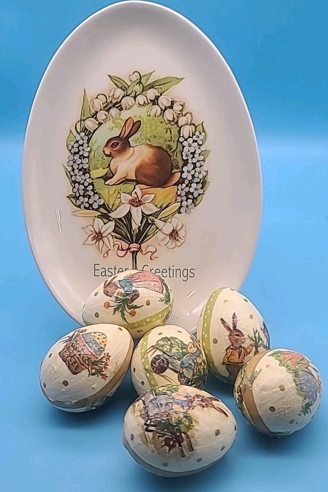 6 Decoupaged Victorian-Look Hand Crafted Paper Mache Easter Eggs  Display Plate