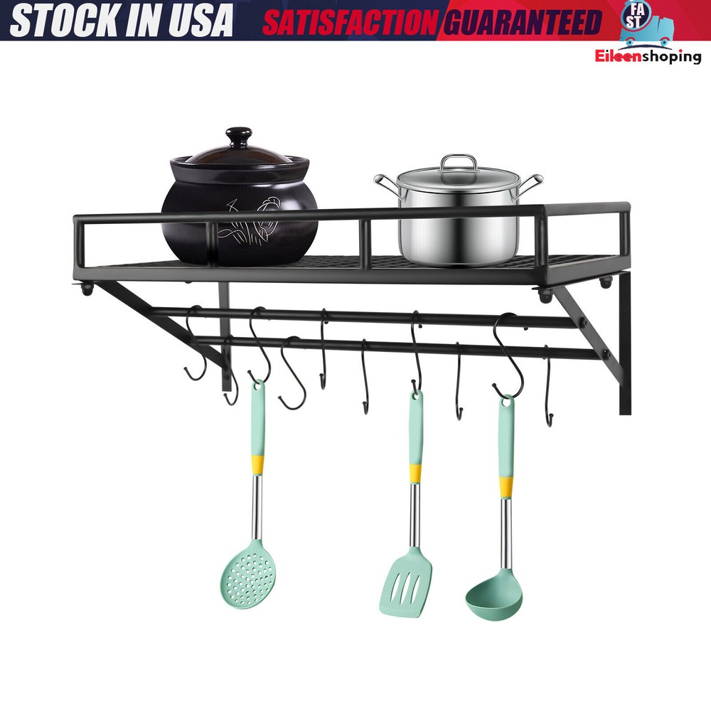 Kitchen Wall Mounted Storage Shelf Cookware Pan Pot Organizer Rack with 10 Hooks