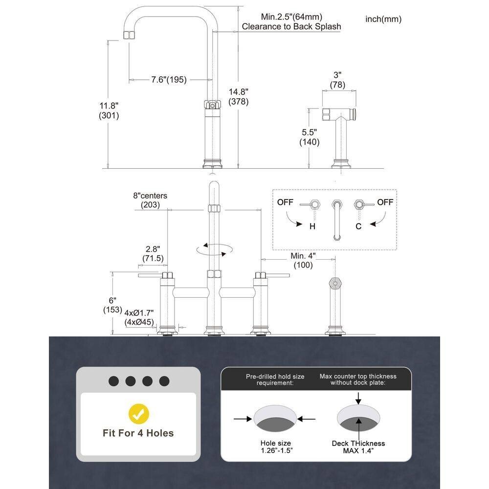 Brass Double Handle Bridge Kitchen Faucet with Side Sprayer